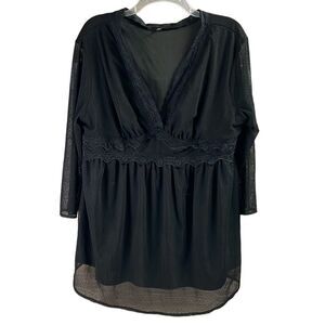 SUZANNE BETRO Womens Plus Size 2X Black Witchy Lace Sheer Sleeves Blouse Top